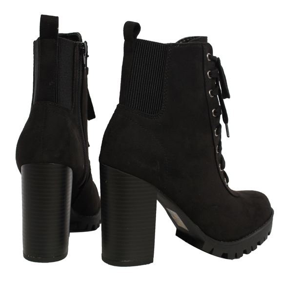 Size 8 Black Faux Suede Lace Up Stacked Block Heel - Picture 4 of 8